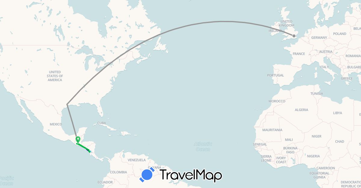 TravelMap itinerary: driving, bus, plane, boat in United Kingdom, Guatemala, Nicaragua, United States (Europe, North America)